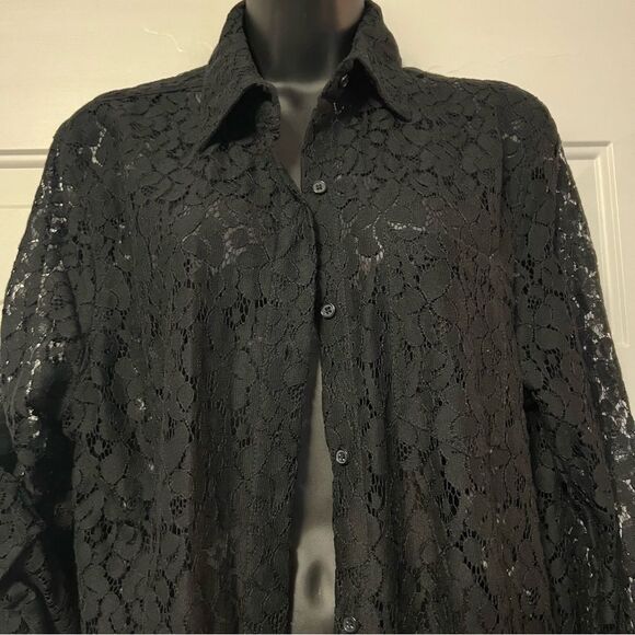 90s Calvin Klein Lace Sheer Black Button Down Tab Sleeve Oversized Tunic Shirt M - Picture 4 of 14